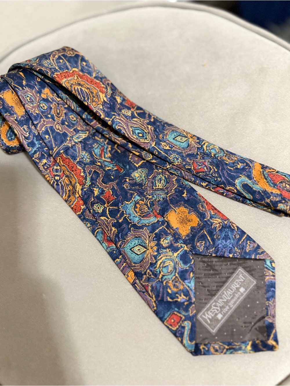Yves Saint Laurent Navy Multicolor Paisley Silk Tie with Gold Accents